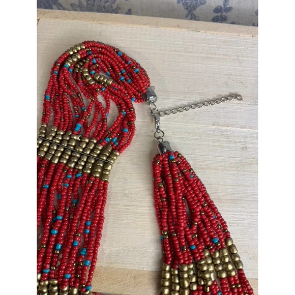 Vintage Red Beaded Necklace with Turquoise and Bronze beads - Picture 3 of 5